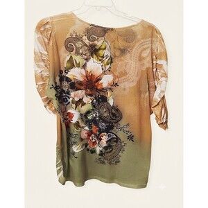 Dressbarn Women’s Plus Size 3X Top Floral Paisley Ombré Tan Green 3/4 Sleeve